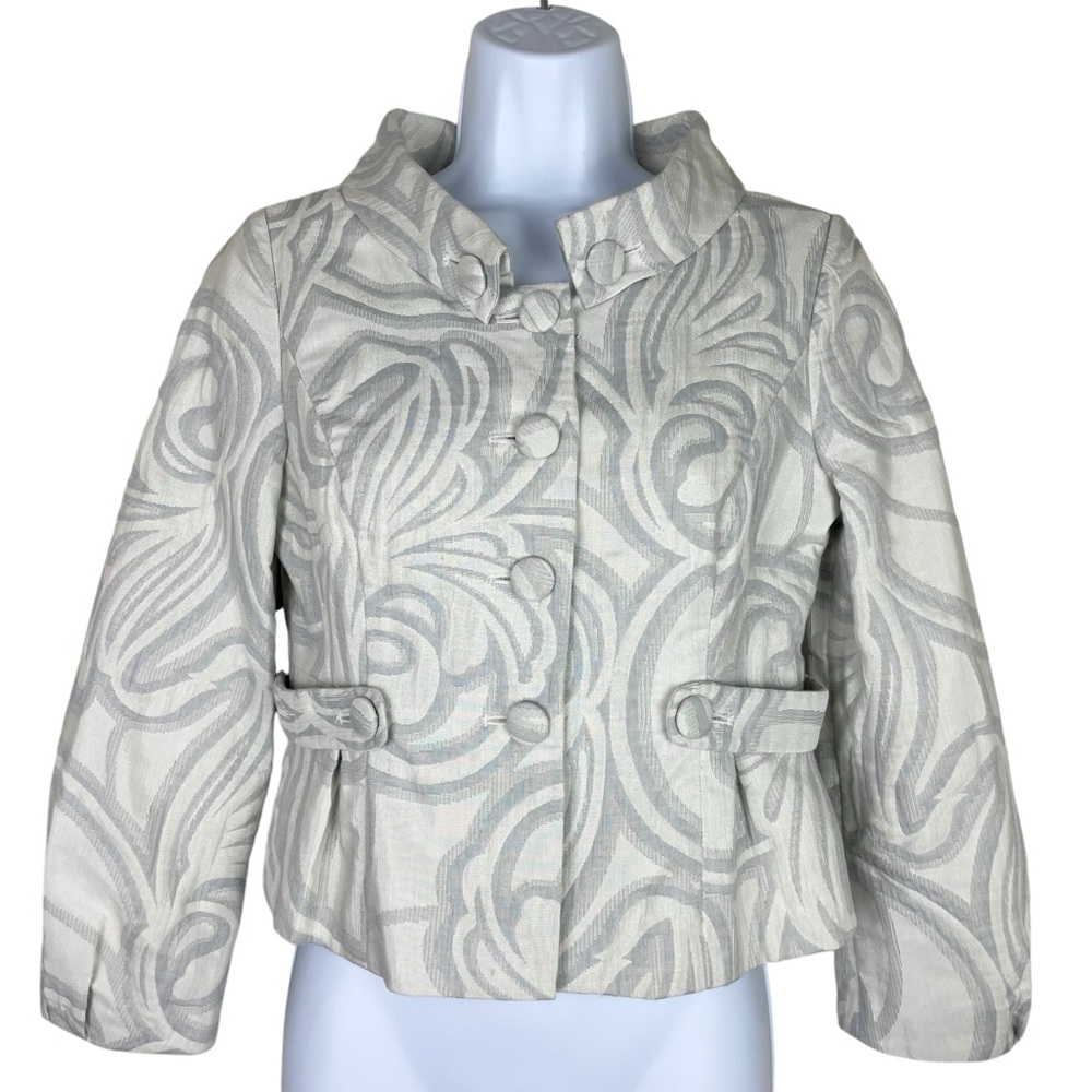 Anthropologie Tabitha Floral Cropped Peplum Jacket Metallic White Blue Size 2